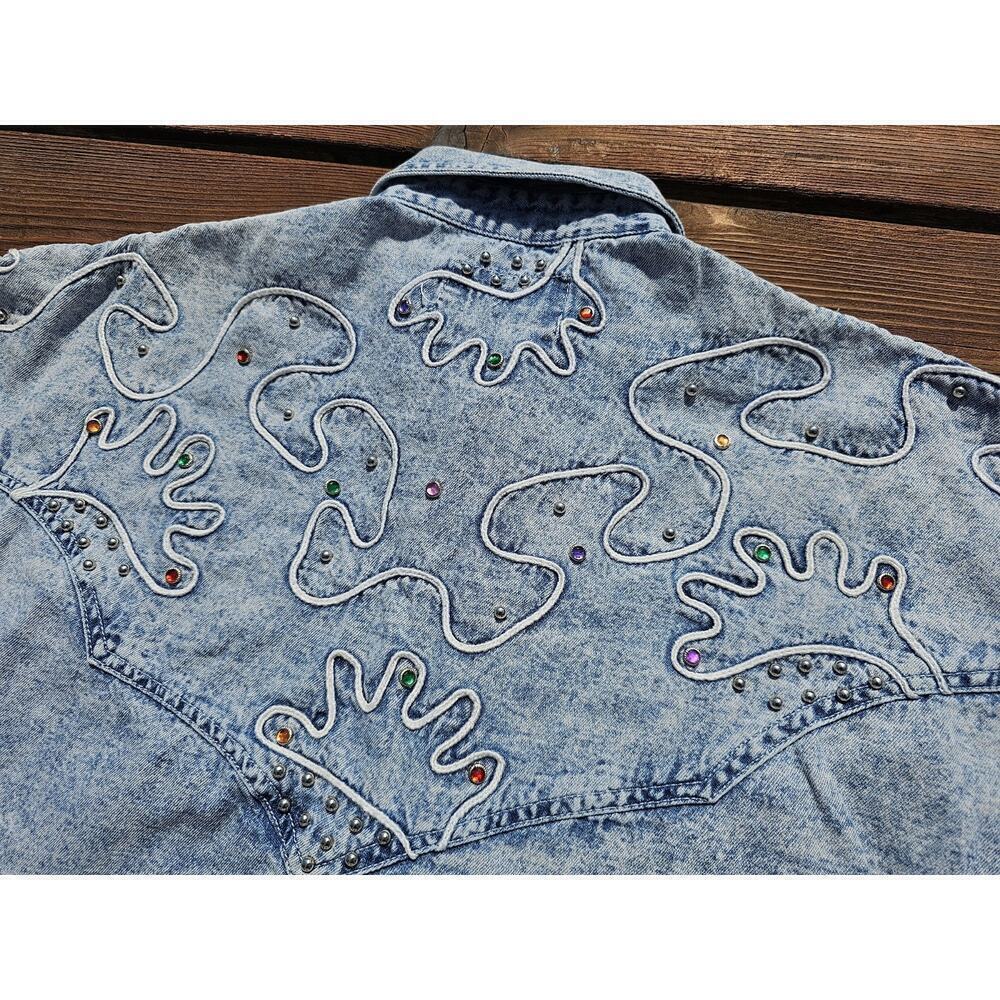 Vintage Next Move Denim Fringe Embellished Beaded Cowgirl Rodeo Shirt Womens - Picture 8 of 8